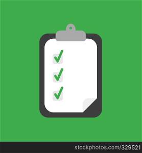 Flat vector icon concept of clipboard with paper and three check marks on green background.