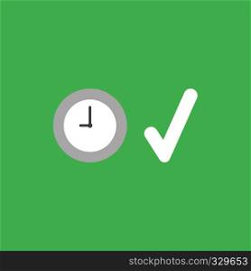 Flat vector icon concept of clock with check mark on green background.