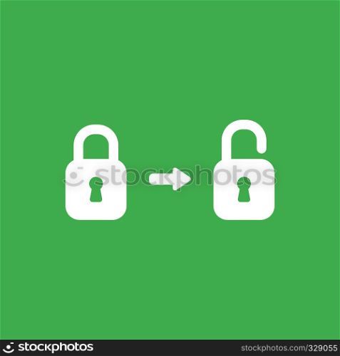 Flat vector icon concept of closed and opened padlocks on green backgrounds.