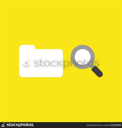 Flat vector icon concept of closed file folder with magnifying glass on yellow background.