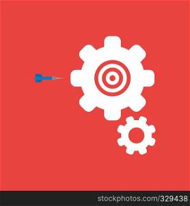 Flat vector icon concept of dart and bulls eye inside gears on red background.