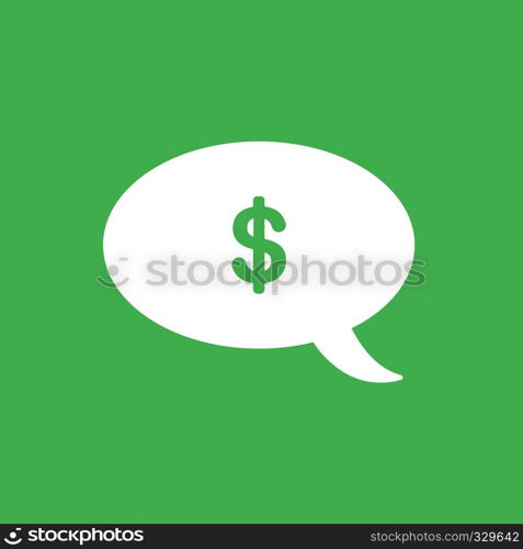 Flat vector icon concept of dollar symbol inside speech bubble on green background.