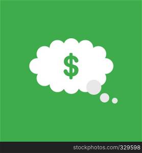 Flat vector icon concept of dollar symbol inside thought bubble on green background.