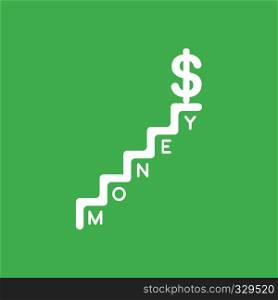 Flat vector icon concept of dollar symbol on top of money stairs on green background.