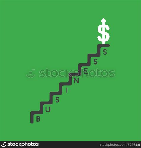 Flat vector icon concept of dollar symbol with arrow moving up on top of business stairs on green background.