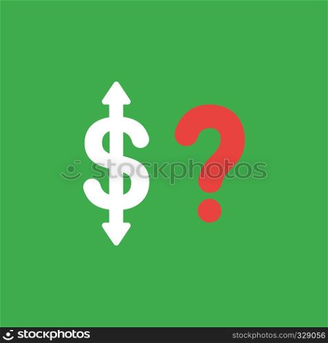 Flat vector icon concept of dollar with arrows moving up, down and question mark on green background.