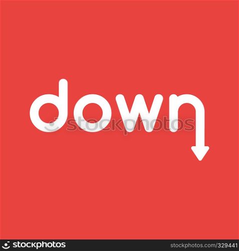 Flat vector icon concept of down word with arrow moving down on red background.