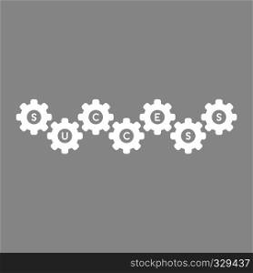 Flat vector icon concept of gears with success word on green background.