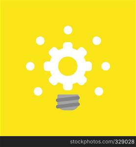 Flat vector icon concept of glowing gear light bulb on yellow background.