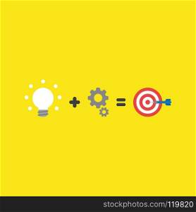 Flat vector icon concept of glowing light bulb plus gears equals bulls eye and dart in the center on yellow background.