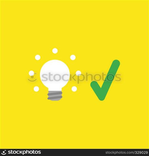 Flat vector icon concept of glowing light bulb with check mark on yellow background.