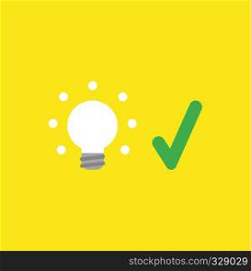 Flat vector icon concept of glowing light bulb with check mark on yellow background.
