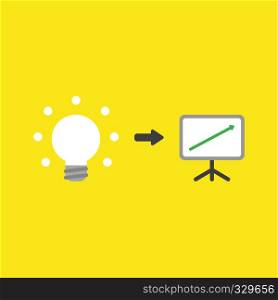 Flat vector icon concept of glowing light bulb with sales chart arrow moving up on yellow background.
