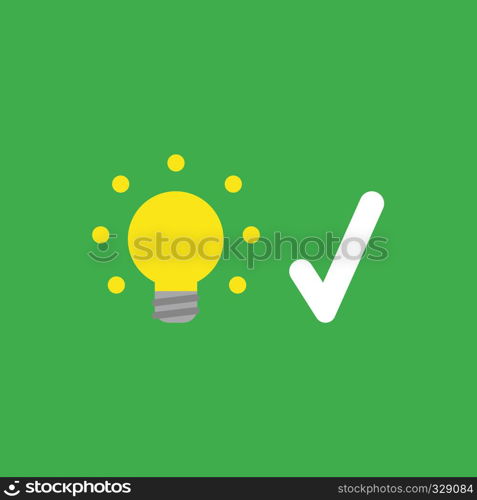 Flat vector icon concept of glowing yellow light bulb with check mark on green background.