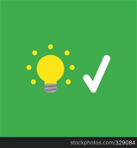 Flat vector icon concept of glowing yellow light bulb with check mark on green background.