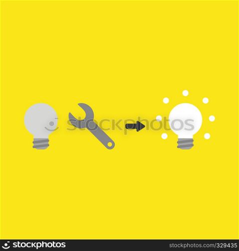 Flat vector icon concept of grey light bulb, spanner and glowing on yellow background.