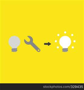 Flat vector icon concept of grey light bulb, spanner and glowing on yellow background.