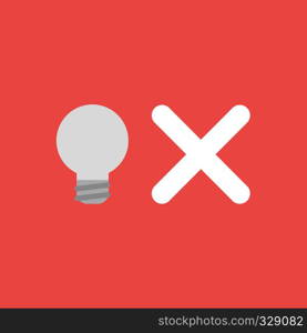 Flat vector icon concept of grey light bulb with x mark on red background.
