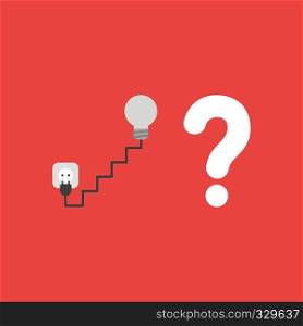 Flat vector icon concept of grey lightbulb with stairs cable, plug and outlet with question mark on red background.