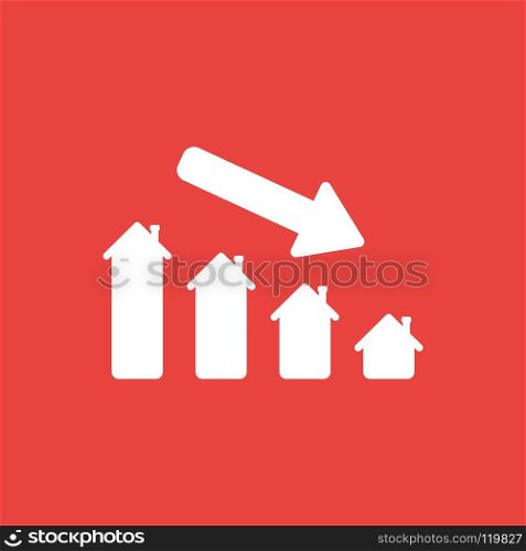Flat vector icon concept of house graph moving down on red background.