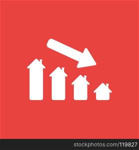 Flat vector icon concept of house graph moving down on red background.