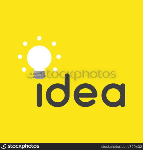 Flat vector icon concept of idea word with glowing light bulb on yellow background.