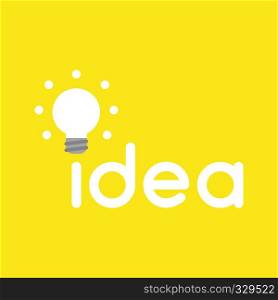 Flat vector icon concept of idea word with glowing light bulb on yellow background.