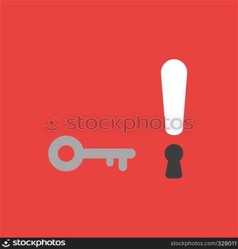 Flat vector icon concept of key and exclamation mark with keyhole on red background.