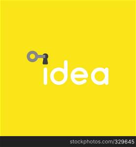 Flat vector icon concept of key into idea word keyhole on yellow background.