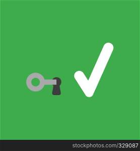 Flat vector icon concept of key into keylock and check mark on green background.