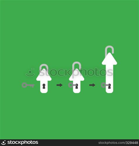 Flat vector icon concept of key unlock arrow padlocks and arrow moving up on gren background.