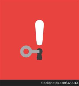 Flat vector icon concept of key unlock exclamation mark keyhole on red background.