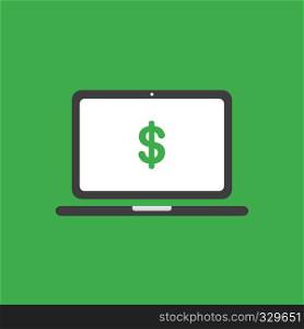 Flat vector icon concept of laptop computer with dollar symbol on green background.