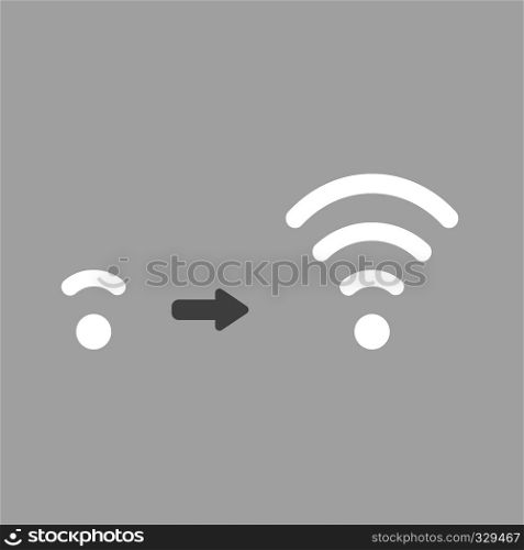 Flat vector icon concept of low and high wireless wifi symbols on grey backgrounds.
