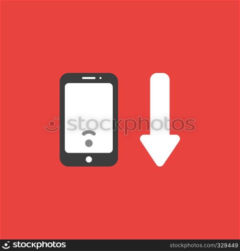 Flat vector icon concept of low wireless wifi symbol inside smartphone and arrow moving down on red background.