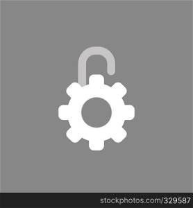 Flat vector icon concept of opened gear padlock on grey background.
