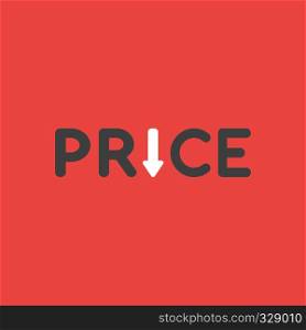 Flat vector icon concept of price word with arrow moving down on red background.