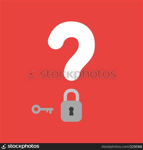 Flat vector icon concept of question mark with closed padlock and key on red background.