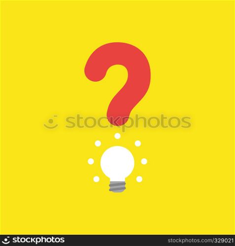 Flat vector icon concept of question mark with glowing light bulb on yellow background.