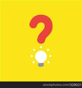 Flat vector icon concept of question mark with glowing light bulb on yellow background.