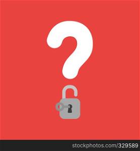 Flat vector icon concept of question mark with opened padlock with key on red background.