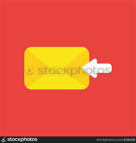 Flat vector icon concept of received mail envelope with arrow moving left on red background.