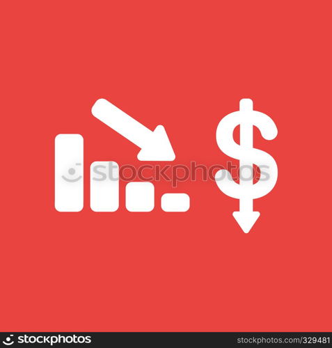 Flat vector icon concept of red sales bar graph and dollar symbol moving down on red background.