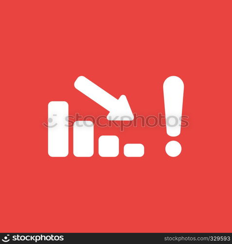 Flat vector icon concept of sales bar graph arrow moving down with exclamation mark on red background.