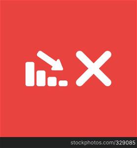 Flat vector icon concept of sales bar graph moving down with x mark on red background.