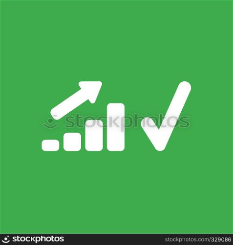 Flat vector icon concept of sales bar graph moving up with check mark on green background.