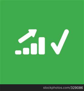 Flat vector icon concept of sales bar graph moving up with check mark on green background.