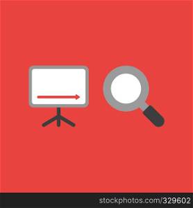 Flat vector icon concept of sales chart arrow moving down with magnifying glass on red background.
