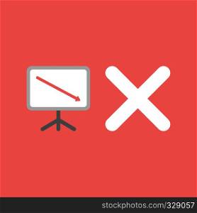 Flat vector icon concept of sales chart with arrow moving down and x mark on red background.