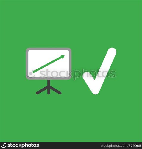 Flat vector icon concept of sales chart with arrow moving up and check mark on green background.